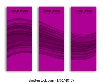 Minimal covers paper cut colorful design. Cool halftone Violet gradients. Future purple wave template three set banner. Vector illustration
