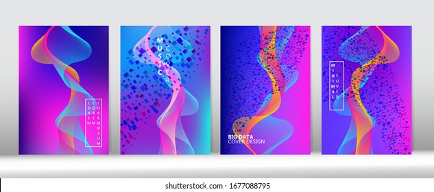 Minimal Covers Set. 3D Flow Shapes Trendy Cover Template. Big Data Neon Tech Wallpaper. Geometric Gradient Overlay. Abstract Equalizer Music Magazine Purple Blue Pink Punk Vector Cover Design.