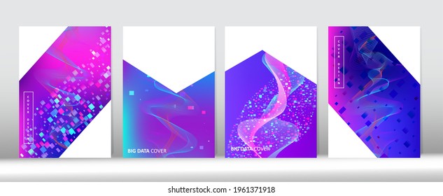 Minimal Covers Set. 3D Liquid Shapes Trendy Cover Design. Abstract Computing Music Background Big Data Neon Tech Magazine. Blue Purple Pink Digital Vector Cover Layout. Equalizer Gradient Overlay.