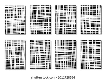 Minimal Covers. Set of 8 Black and White Designs for Covers, Backgrounds or Posters. Monochrome Geometric Backgrounds with Contrast Stripes. Abstract Grid with Clipping Mask. Editable Trendy Covers