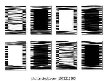 Minimal Covers. Set of 8 Black and White Designs for Covers, Backgrounds or Posters. Monochrome Geometric Backgrounds with Contrast Stripes. Abstract Grid with Clipping Mask. Editable Trendy Covers