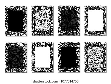 Minimal Covers. Set of 8 Black and White Designs for Covers, Backgrounds or Posters. Monochrome Geometric Backgrounds with Contrast Stripes. Abstract Grid with Clipping Mask. Editable Trendy Covers