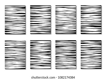 Minimal Covers. Set of 8 Black and White Designs for Covers, Backgrounds or Posters. Monochrome Geometric Backgrounds with Contrast Stripes. Abstract Grid with Clipping Mask. Editable Trendy Covers