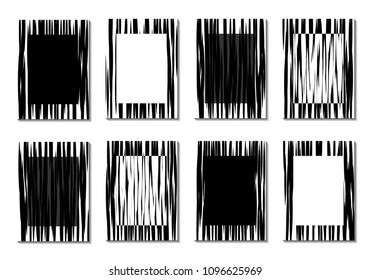Minimal Covers. Set of 8 Black and White Designs for Covers, Backgrounds or Posters. Monochrome Geometric Backgrounds with Contrast Stripes. Abstract Grid with Clipping Mask. Editable Trendy Covers