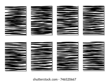 Minimal Covers. Set of 8 Black and White Designs for Covers, Backgrounds or Posters. Monochrome Geometric Backgrounds with Contrast Stripes. Abstract Grid with Clipping Mask. Editable Trendy Covers