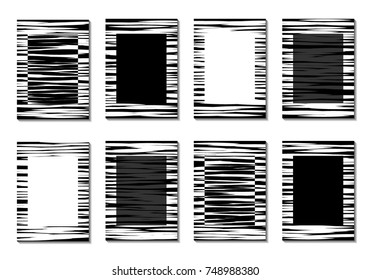 Minimal Covers. Set of 8 Black and White Designs for Covers, Backgrounds or Posters. Monochrome Geometric Backgrounds with Contrast Stripes. Abstract Grid with Clipping Mask. Editable Trendy Covers