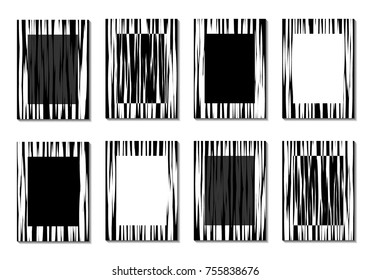 Minimal Covers. Set of 8 Black and White Designs for Covers, Backgrounds or Posters. Monochrome Geometric Backgrounds with Contrast Stripes. Abstract Grid with Clipping Mask. Editable Trendy Covers