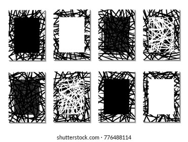 Minimal Covers. Set of 8 Black and White Designs for Covers, Backgrounds or Posters. Monochrome Geometric Backgrounds with Contrast Stripes. Abstract Grid with Clipping Mask. Editable Trendy Covers