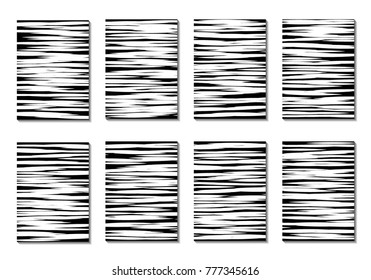 Minimal Covers. Set of 8 Black and White Designs for Covers, Backgrounds or Posters. Monochrome Geometric Backgrounds with Contrast Stripes. Abstract Grid with Clipping Mask. Editable Trendy Covers