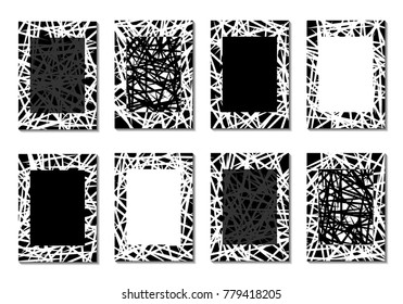 Minimal Covers. Set of 8 Black and White Designs for Covers, Backgrounds or Posters. Monochrome Geometric Backgrounds with Contrast Stripes. Abstract Grid with Clipping Mask. Editable Trendy Covers