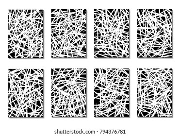 Minimal Covers. Set of 8 Black and White Designs for Covers, Backgrounds or Posters. Monochrome Geometric Backgrounds with Contrast Stripes. Abstract Grid with Clipping Mask. Editable Trendy Covers