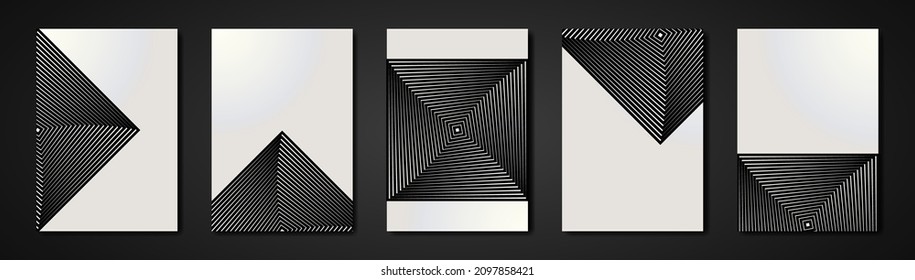 Minimal covers set. Future geometric design. Op Art squares in black an white with diagonal lines making an optical illusion of pyramids or tunnel, copy space on white background 