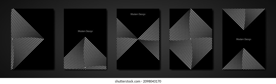 Minimal covers set. Future geometric modern design. Op Art squares in black an white with diagonal lines making an optical illusion of pyramids or tunnel, copy space on black background