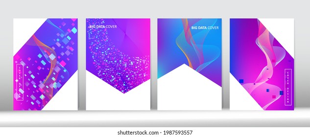 Minimal Covers Set. Purple Blue Pink Punk Vector Cover Layout. Big Data Tech Neon Wallpaper. 3D Liquid Shapes Trendy Cover Template. Colorful Equalizer Music Background Geometric Gradient Overlay.