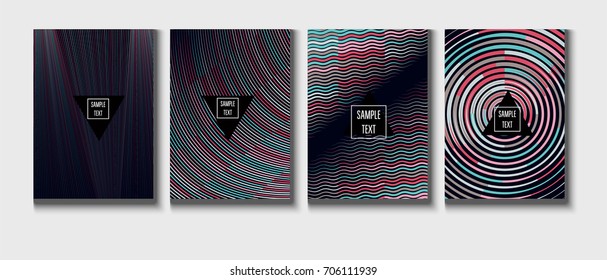 Minimal covers set. Trendy multicolored modern simple poster design. Funky hipster blue, turquoise, red, grey minimal covers. Geometric background, vector abstract linear pattern. Business identity.
