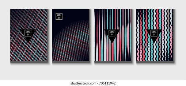 Minimal covers set. Trendy multicolored modern simple poster design. Funky hipster blue, turquoise, red, grey minimal covers. Geometric background, vector abstract linear pattern. Business identity.