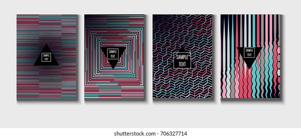 Minimal covers set. Trendy multicolored modern simple poster design. Funky hipster blue, turquoise, red, grey minimal covers. Geometric background, vector abstract linear pattern. Business identity.