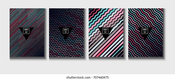 Minimal covers set. Trendy multicolored modern simple poster design. Funky hipster blue, turquoise, red, grey minimal covers. Geometric background, vector abstract linear pattern. Business identity.