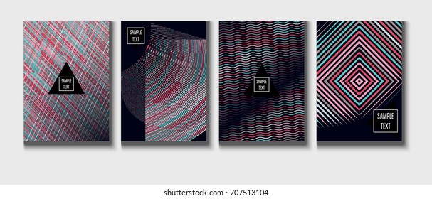 Minimal covers set. Trendy multicolored modern simple poster design. Funky hipster blue, turquoise, red, grey minimal covers. Geometric background, vector abstract linear pattern. Business identity.