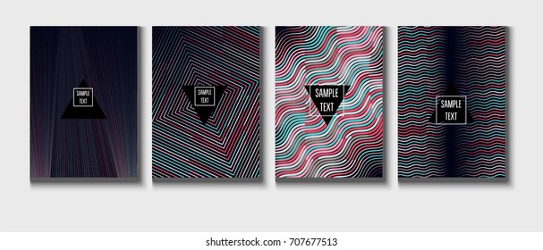 Minimal covers set. Trendy multicolored modern simple poster design. Funky hipster blue, turquoise, red, grey minimal covers. Geometric background, vector abstract linear pattern. Business identity.