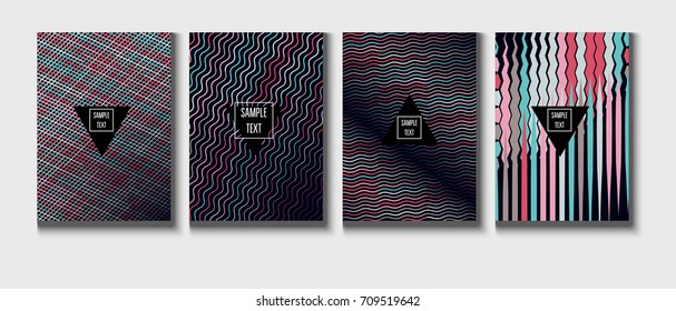 Minimal covers set. Trendy multicolored modern simple poster design. Funky hipster blue, turquoise, red, grey minimal covers. Geometric background, vector abstract linear pattern. Business identity.