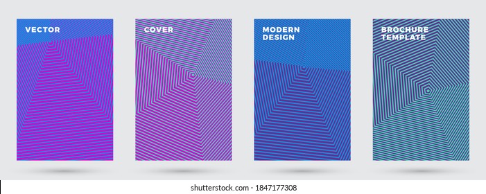 Minimal covers vector design. Geometric halftone gradients. Title page templates set. Halftone lines texture tech covers. Rectangle poster background templates.