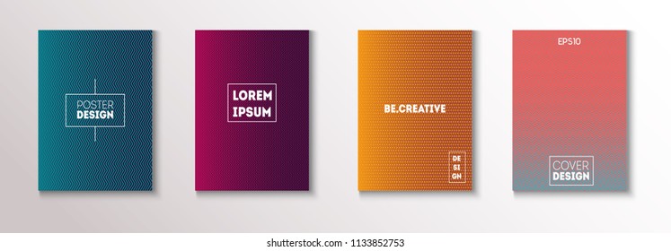 Minimal Covers, Vector Hipster Abstract Brands Design. Magenta, Cyan, Yellow Corporate Identity Glitch Linear Halftones. Funky Business Minimal Covers, Retro Music Poster Colorful Gradient Shapes.