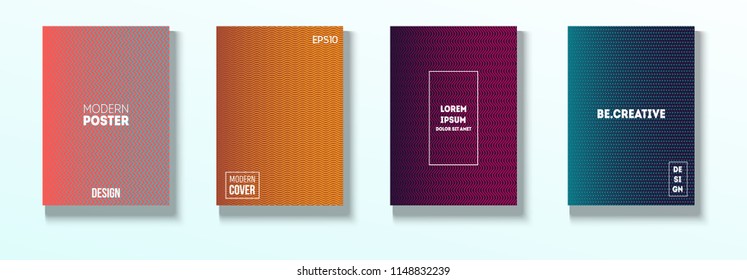 Minimal Covers, Vector Hipster Abstract Tech Neon Set. Magenta, Cyan, Yellow Corporate Identity Blend Tech Halftones. Simple Business Minimal Covers, Retro Ad Music Poster Bright Gradient Stripes