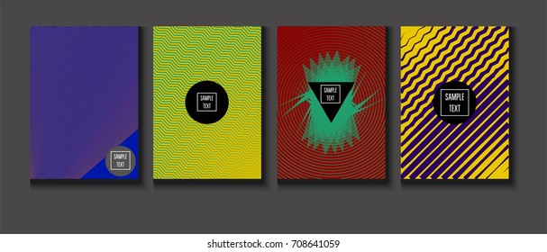 Minimal Covers Vector Set. Halftone Gradient Simple Backgrounds. Futuristic 80s Style Neon Colored Mesh Posters. Memphis Minimal Cover Template. Geometric Placards. Asymmetric Yellow, Red, Green Lines