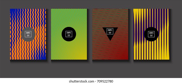 Minimal Covers Vector Set. Halftone Gradient Simple Backgrounds. Futuristic 80s Style Neon Colored Mesh Posters. Memphis Minimal Cover Template. Geometric Placards. Asymmetric Yellow, Red, Green Lines