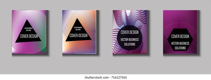 Minimal covers vector set. Iridescent futuristic poster design. Funky trendy business background. Cool A4 abstract minimal covers. Neon colored halftone blend tech design. Simple clean linear texture.