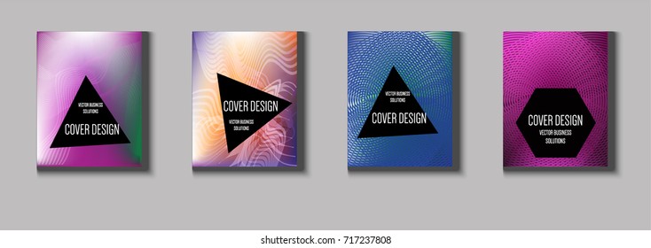Minimal covers vector set. Iridescent futuristic design. Funky trendy business background. Cool letter format abstract minimal covers. Neon colored halftone blend tech design. Simple linear texture.