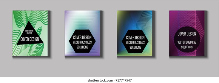 Minimal covers vector set. Iridescent futuristic poster design. Funky trendy business background. Cool A4 abstract minimal covers. Neon colored halftone blend tech design. Simple clean linear texture.