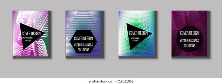 Minimal covers vector set. Iridescent futuristic poster design. Funky trendy business background. Cool A4 abstract minimal covers. Neon colored halftone blend tech design. Simple clean linear texture.