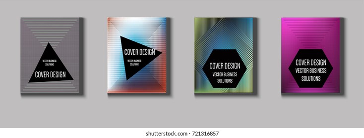 Minimal covers vector set. Iridescent futuristic poster design. Funky trendy business background. Cool A4 abstract minimal covers. Neon colored halftone blend tech design. Simple clean linear texture.