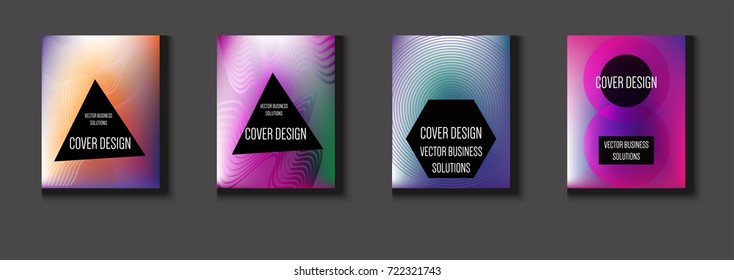 Minimal covers vector set. Iridescent futuristic poster design. Funky trendy business background. Cool A4 abstract minimal covers. Neon colored halftone blend tech design. Simple clean linear texture.