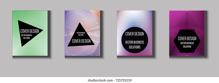 Minimal covers vector set. Iridescent futuristic poster design. Funky trendy business background. Cool A4 abstract minimal covers. Neon colored halftone blend tech design. Simple clean linear texture.