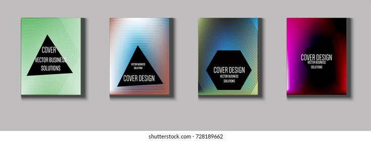 Minimal covers vector set. Iridescent futuristic poster design. Funky trendy business background. Cool A4 abstract minimal covers. Neon colored halftone blend tech design. Simple clean linear texture.