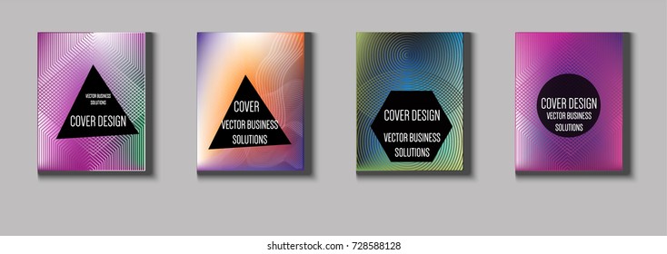 Minimal covers vector set. Iridescent futuristic poster design. Funky trendy business background. Cool A4 abstract minimal covers. Neon colored halftone blend tech design. Simple clean linear texture.