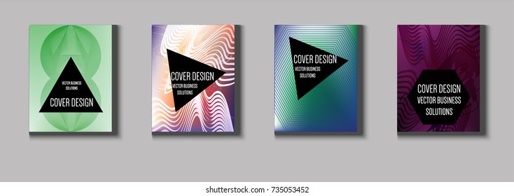 Minimal covers vector set. Iridescent futuristic poster design. Funky trendy business background. Cool A4 abstract minimal covers. Neon colored halftone blend tech design. Simple clean linear texture.