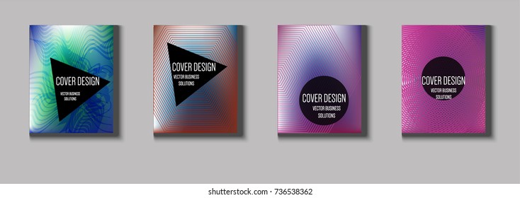Minimal covers vector set. Iridescent futuristic poster design. Funky trendy business background. Cool A4 abstract minimal covers. Neon colored halftone blend tech design. Simple clean linear texture.