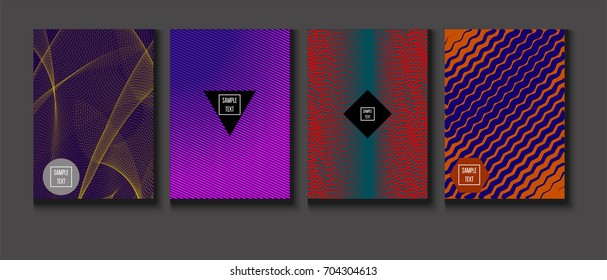 Minimal covers vector set. Trendy simple neon colored retro poster design. Futuristic glam and glitch four technical textured minimal covers. Halftone geometric modern business corporate blank paper.