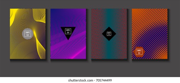 Minimal covers vector set. Trendy simple neon colored retro poster design. Futuristic glam and glitch four technical textured minimal covers. Halftone geometric modern business corporate blank paper.