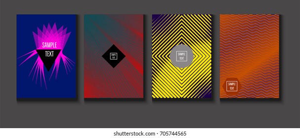 Minimal covers vector set. Trendy simple neon colored retro poster design. Futuristic glam and glitch four technical textured minimal covers. Halftone geometric modern business corporate blank paper.