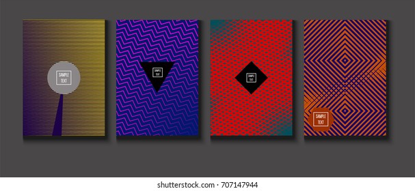 Minimal covers vector set. Trendy simple neon colored retro poster design. Futuristic glam and glitch four technical textured minimal covers. Halftone geometric modern business corporate blank paper.