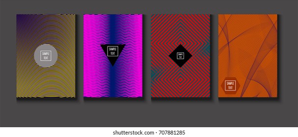 Minimal covers vector set. Trendy simple neon colored retro poster design. Futuristic glam and glitch four technical textured minimal covers. Halftone geometric modern business corporate blank paper.