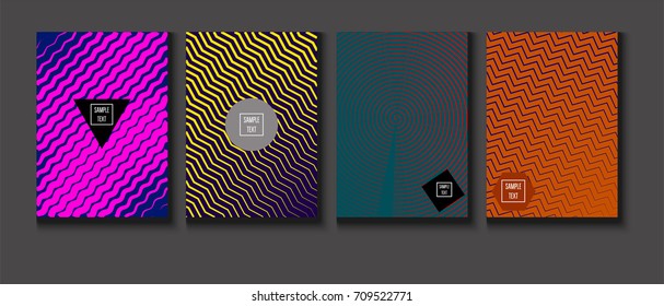 Minimal covers vector set. Trendy simple neon colored retro poster design. Futuristic glam and glitch four technical textured minimal covers. Halftone geometric modern business corporate blank paper.