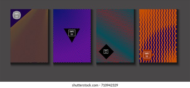 Minimal covers vector set. Trendy simple neon colored retro poster design. Futuristic glam and glitch four technical textured minimal covers. Halftone geometric modern business corporate blank paper.