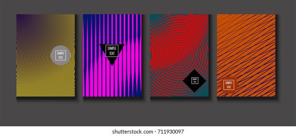 Minimal covers vector set. Trendy simple neon colored retro poster design. Futuristic glam and glitch four technical textured minimal covers. Halftone geometric modern business corporate blank paper.