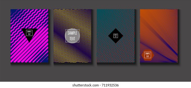 Minimal covers vector set. Trendy simple neon colored retro poster design. Futuristic glam and glitch four technical textured minimal covers. Halftone geometric modern business corporate blank paper.